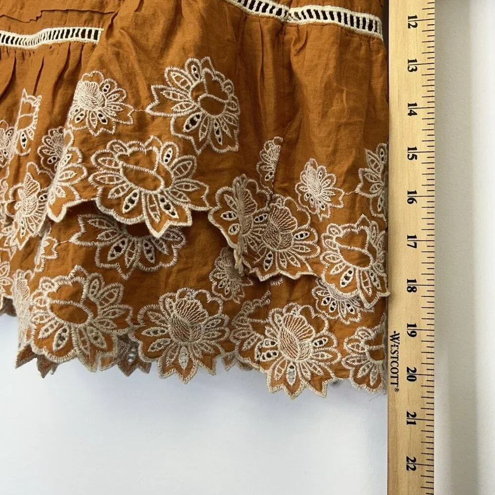 Anthropologie Smocked‎ Waist Skirt Womens Size Large Pumpkin Orange Embroidered